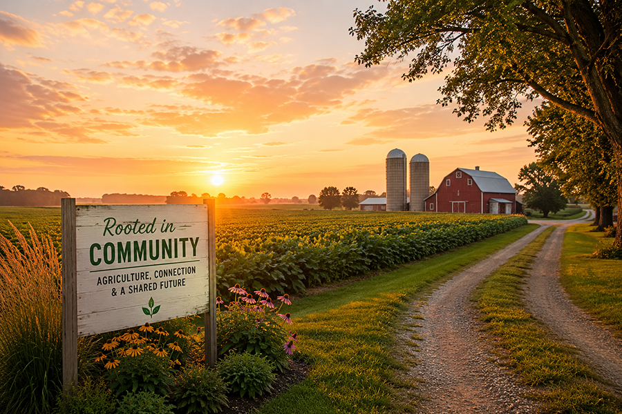 AI image: Norfolk County Farm, sign with text, rooted in community.